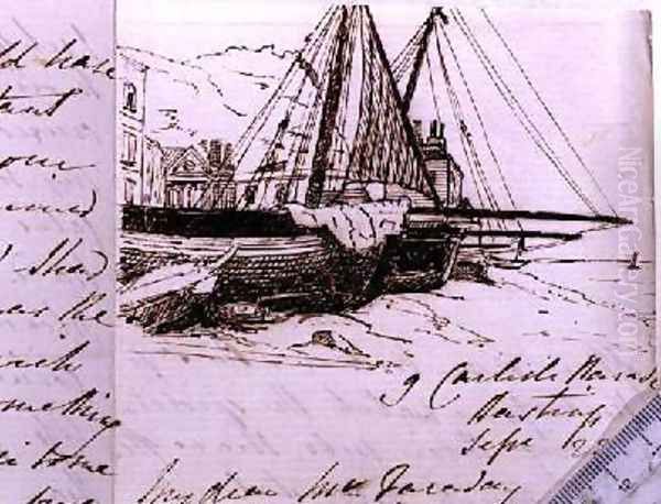 Vignette of fishing boats at Hastings a sketch in a letter to Michael Faraday Oil Painting by Harriet Jane Moore