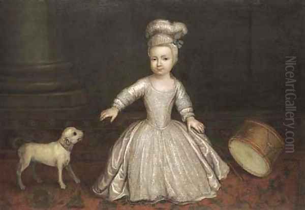 Portrait Of A Young Child, Full-Length, In A White Dress With A Dog And Drum Beside A Column, In An Interior Oil Painting by Philippe Mercier