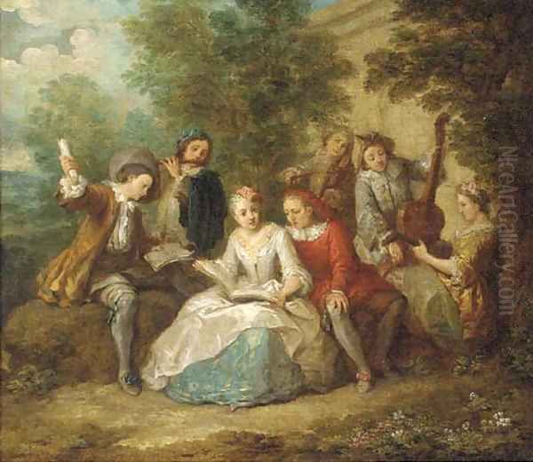 Elegant company playing music in a garden Oil Painting by Philippe Mercier