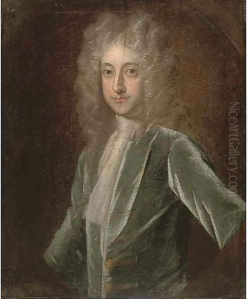 Portrait of a gentleman, half-length, in a green coat and white stock, feigned oval Oil Painting by Philippe Mercier