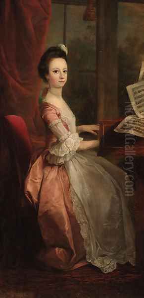 Portrait of a girl, seated at a harpsicord Oil Painting by Philippe Mercier