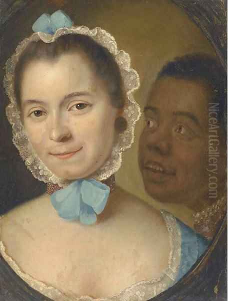 Portrait of a lady, bust-length, in a blue lace-trimed dress and cap, with a servant, feigned oval Oil Painting by Philippe Mercier