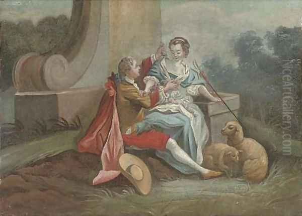 A gentleman courting a shepherdess in a landscape Oil Painting by Philippe Mercier