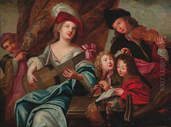 Children making music Oil Painting by Philippe Mercier