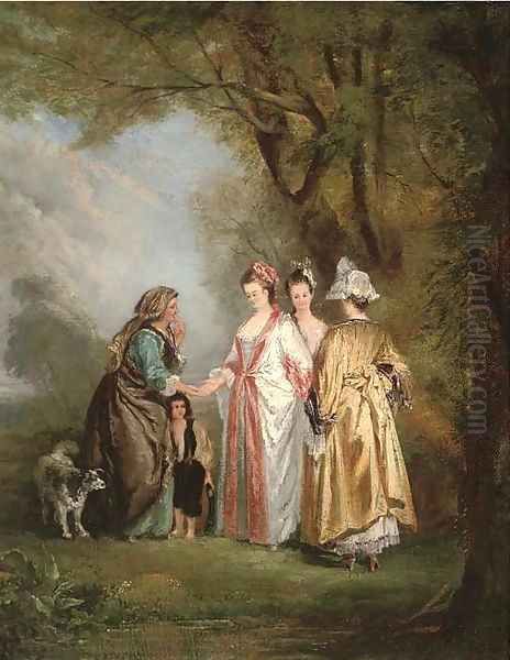 Elegant company with a gypsy in a landscape Oil Painting by Philippe Mercier