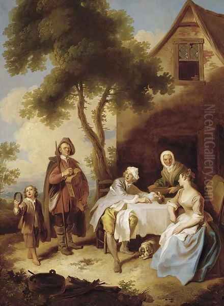 Minstrels performing for a couple at a table outside an inn Oil Painting by Philippe Mercier