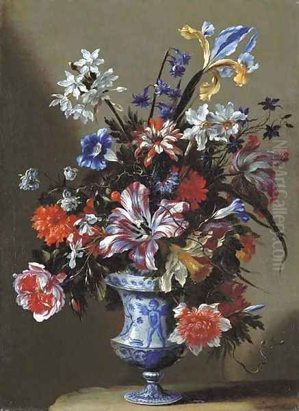 Lilies, peonies, narcissi, morning glory and other flowers in a blue and white vase on a stone ledge Oil Painting by dei Fiori (Nuzzi) Mario