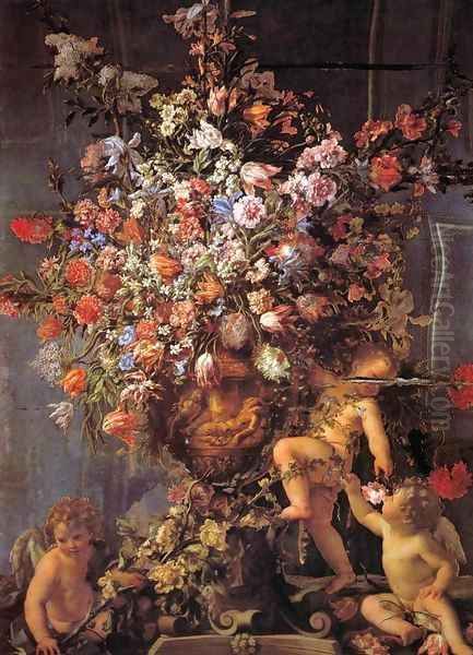 Mirror with Three Putti Oil Painting by dei Fiori (Nuzzi) Mario