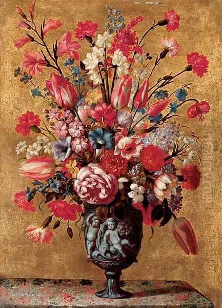 Tulips, carnations, roses, anemones, gladioli, lilac, morning glory and other flowers in a sculpted urn, on a tabletop Oil Painting by dei Fiori (Nuzzi) Mario