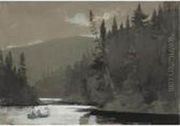 Three Men In A Canoe Oil Painting by Winslow Homer