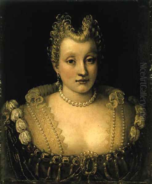 Portrait of a lady, said to be of the Contarini family, bust-length, in an elaborate dress with jewels and a pearl necklace and earrings Oil Painting by Francesco Montemezzano