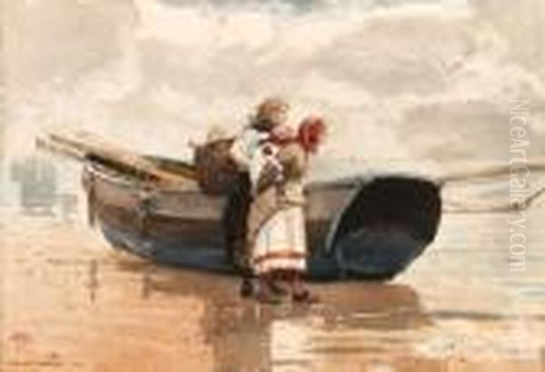 Two Girls And A Boat Oil Painting by Winslow Homer