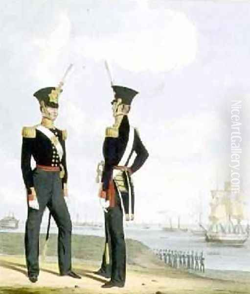 Royal Marine Artillery Officers plate 8 from Costume of the Royal Navy and Marines Oil Painting by L. and Eschauzier, St. Mansion