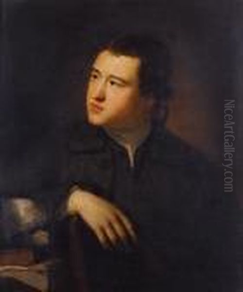 Portrait Of A Gentleman, Said To
 Be Sirrichard Atkins, Half-length, In A Brown Coat, Seated At Hisdesk Oil Painting by Nathaniel Hone