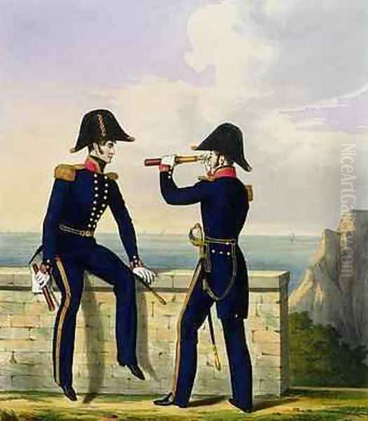 Lieutenants plate 1 from Costume of the Royal Navy and Marines Oil Painting by L. and Eschauzier, St. Mansion