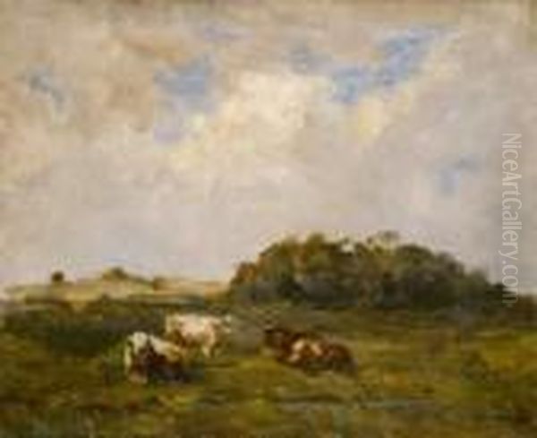 Sand Hills, Gorse And Three Cows Oil Painting by Nathaniel Hone