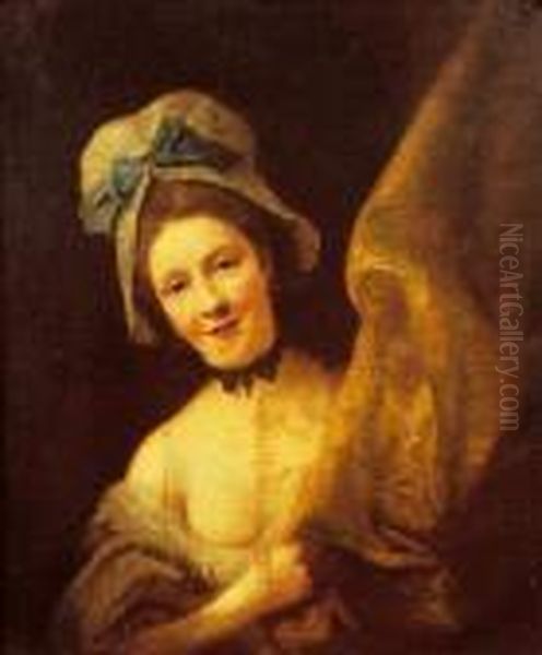 : Jeune Femme Apparaissant Derriere Une Draperie Jaune Oil Painting by Nathaniel Hone