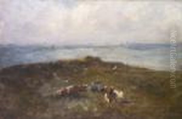 Cattle Resting On A Headland With Distant Yachts Oil Painting by Nathaniel Hone