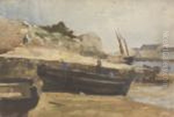 Boats On Shore - Boats Entering Harbour Oil Painting by Nathaniel Hone