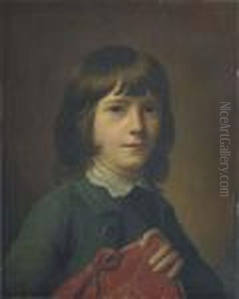 Portrait Of A Boy, Probably One 
The Artist's Children, Half-length,in A Green Coat And Waistcoat, 
Holding A Red Folio Oil Painting by Nathaniel Hone