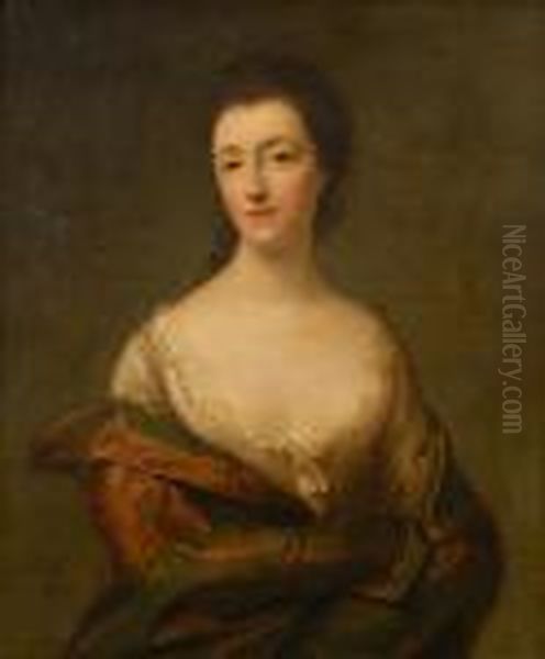 Portrait Of A Lady, Believed To 
Be Lady Juliana Colyer, Half Length, In Low Cut Lace Edged White Gown 
And Satin Cloak Oil Painting by Nathaniel Hone