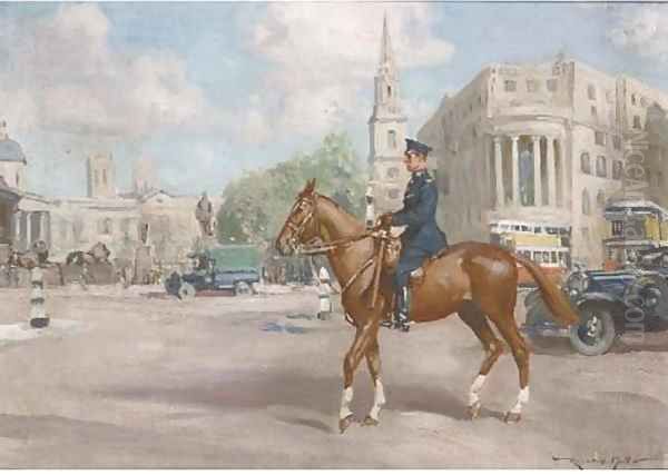 A mounted policeman in Trafalgar Square Oil Painting by Reginald Mills