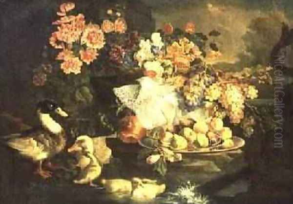 Still Life of Fruit and Flowers with a Duck Drake and Ducklings Oil Painting by Francesco Morosini