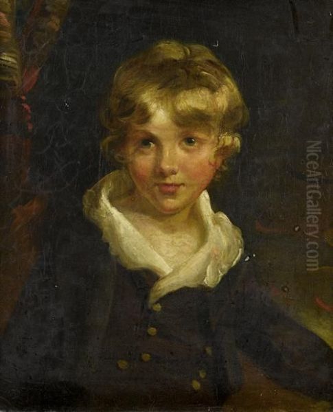 Portrait Of A Young Boy, Half-length, In A Blue Coat, Before A Red Curtain Oil Painting by John Hoppner