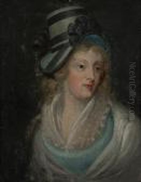 A Portrait Of A Woman With A Blue Hat Oil Painting by John Hoppner