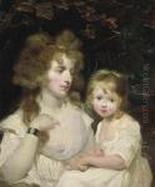 Portrait Of A Mother And Child, Half-length, In White Dresses, In Alandscape Oil Painting by John Hoppner