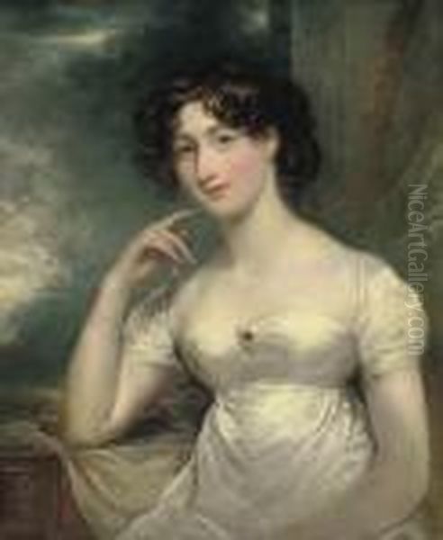 Portrait Of A Lady, Half-length, In A White Dress, A Landscape Beyond Oil Painting by John Hoppner