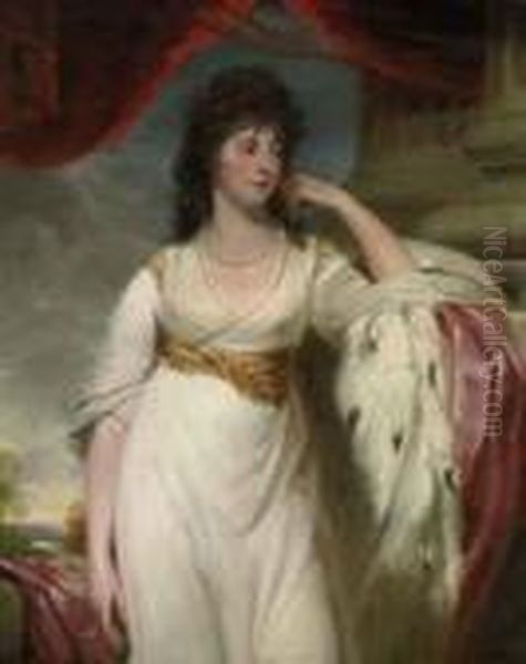 Portrait Of A Lady, Probably 
Hyacinthe, Marchioness Of Wellesley(1766-1816), Three-quarter-length, In
 A White Dress With Anermine-lined Cloak, By A Column Oil Painting by John Hoppner