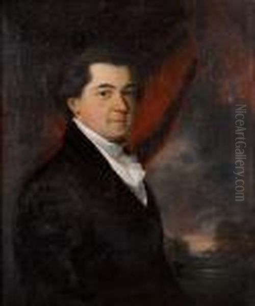 Portrait Of Zachary Bayly 
Edwards,half-length, In A Brown Coat And A White Cravat, Seated Before 
Ared Curtain, A Landscape In The Distance Oil Painting by John Hoppner