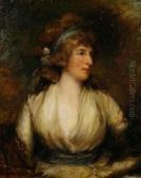 Portrait Of A Lady, Said To Be 
Mrs Fitzherbert, Half-length, In A Cream Dress And A Blue Headdress Oil Painting by John Hoppner