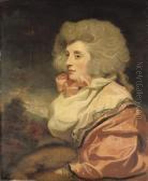 Portrait Of A Lady, Half-length, In A Pink Dress, With A Fur Muff,in A Landscape Oil Painting by John Hoppner