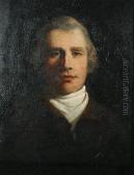 Portait Of A Gentleman, Bust-length, In Abrown Coat With A White Cravat Oil Painting by John Hoppner