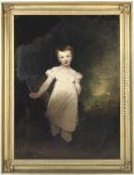 Portrait Of A Young Boy, 
Traditionally Identified As Sir Thomasmunro Of Lindertis, Forfar, 1st 
Baronet K.c.b. (1761-1827) As Achild, Full-length, In A Pale Pink Gown, 
Holding A Rake, In Alandscape Oil Painting by John Hoppner