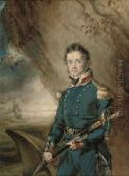 Portrait Of A Royal Naval Officer Standing, Three-quarter-length,sword In His Hand Oil Painting by John Hoppner