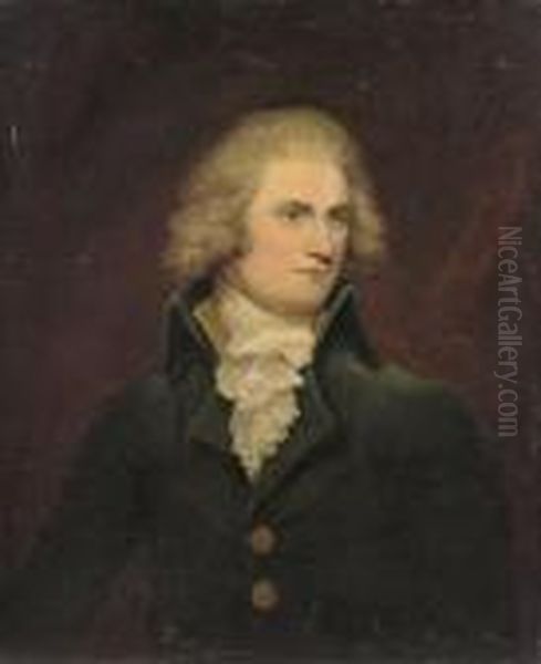 Portrait Of B. H. Malkin, 
Half-length, In A Blue Coat With Brass Buttons And A White Ruffle Oil Painting by John Hoppner