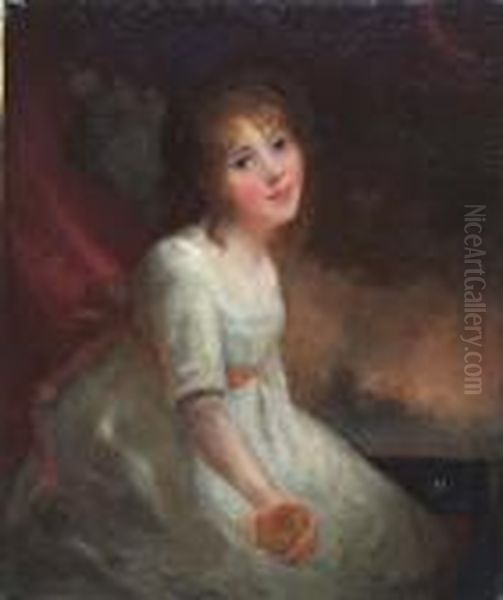 Her White Dress Tied By A Ribbon At Her Waist Oil Painting by John Hoppner