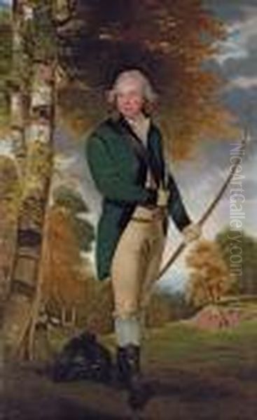 Portrait Of Sir Foster Cunliffe,
 3rd Bt. Of Acton Park, Wrexham, Denbighshire (1755-1834), Full-length, 
In Archer's Uniform, With Green Coat, Buff Yellow Breeches And Hessian 
Boots, His Archer's Plumed Black Hat At His Feet, Holding A Bow In His 
L Oil Painting by John Hoppner