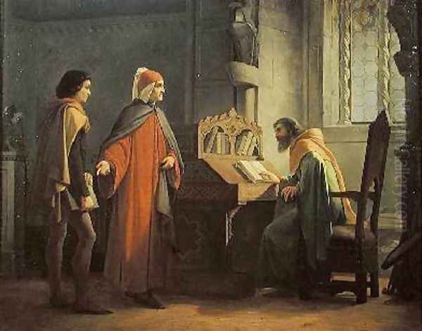 Dante 1265-1321 presenting Giotto 1266-1337 to Guido da Polenta Oil Painting by Giovanni Mochi