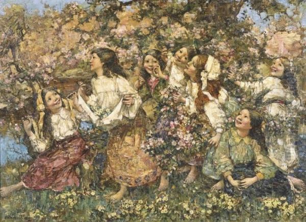 A Spring-time Rondeley Oil Painting by Edward Atkinson Hornel