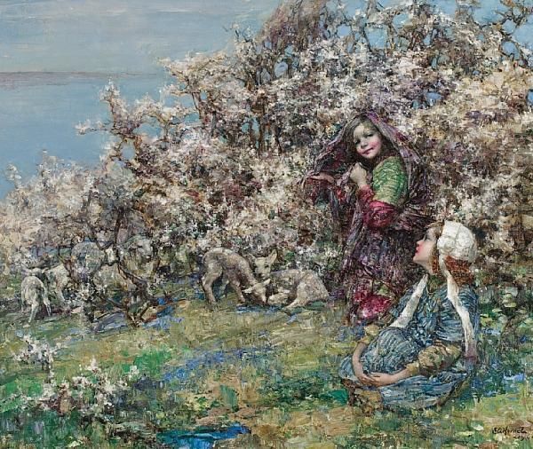 Lambs And Blossom Oil Painting by Edward Atkinson Hornel