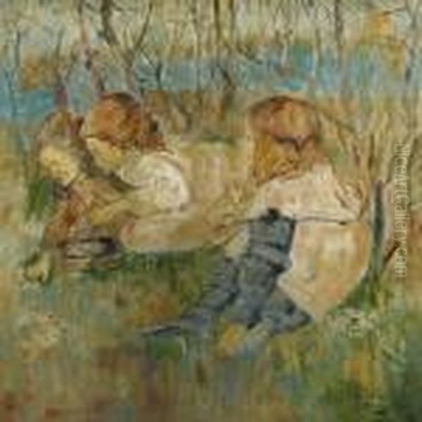 Girls Picking Primroses Oil Painting by Edward Atkinson Hornel