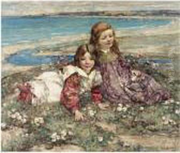 Two Young Girls On A Clifftop Oil Painting by Edward Atkinson Hornel