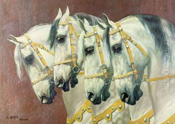 Heads of Four Horses Oil Painting by Oskar Merte