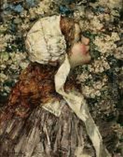 Girl In Spring Blossoms Oil Painting by Edward Atkinson Hornel