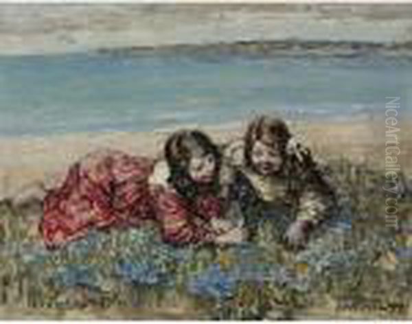 Gathering Flowers By The Seashore Oil Painting by Edward Atkinson Hornel