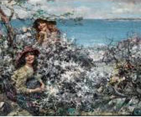 Two Girls Among Blossom, Brighouse Bay Oil Painting by Edward Atkinson Hornel